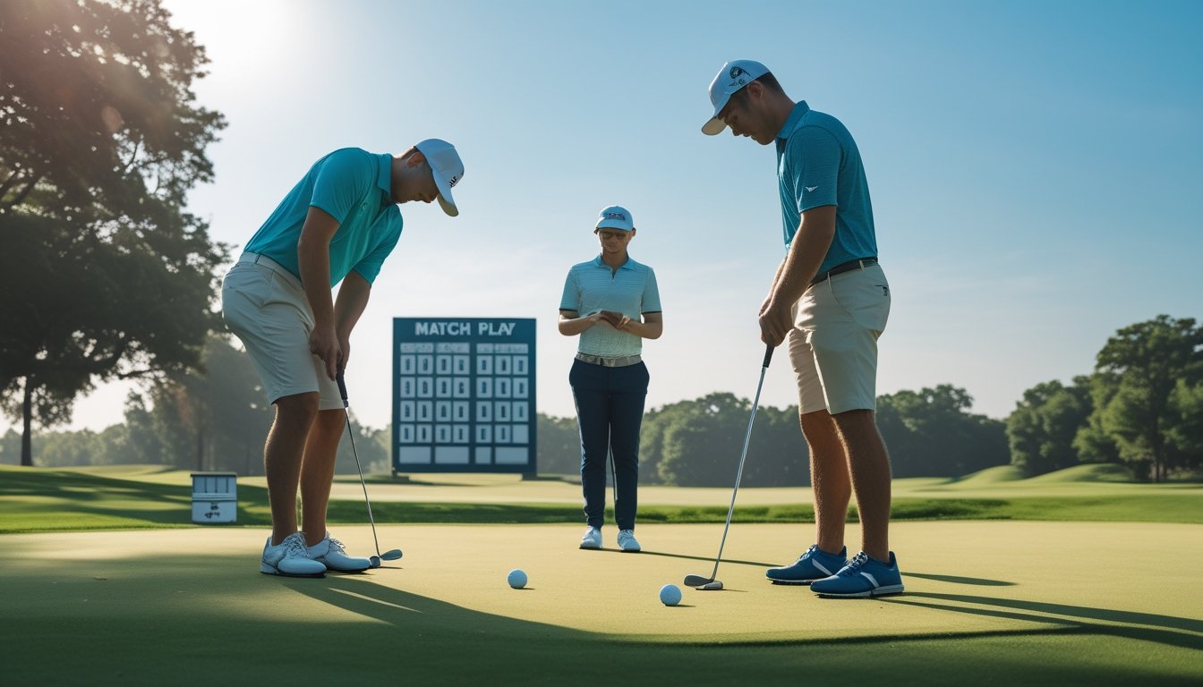 Dua pemain golf di lapangan hijau sedang bermain dengan latar belakang papan skor dan peralatan golf.