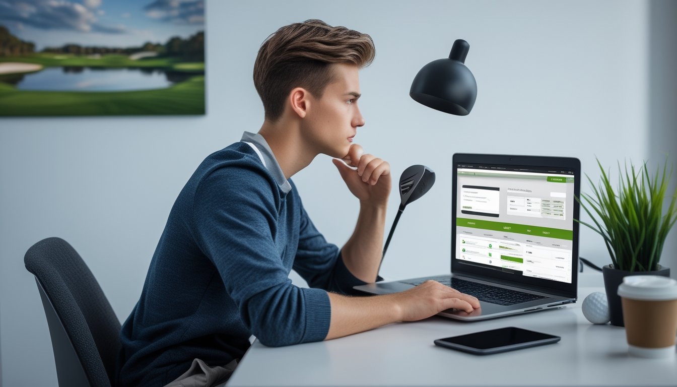 Seorang pria muda duduk di meja dengan laptop terbuka menampilkan situs taruhan golf, sambil memegang tongkat golf dan bola golf di lapangan.