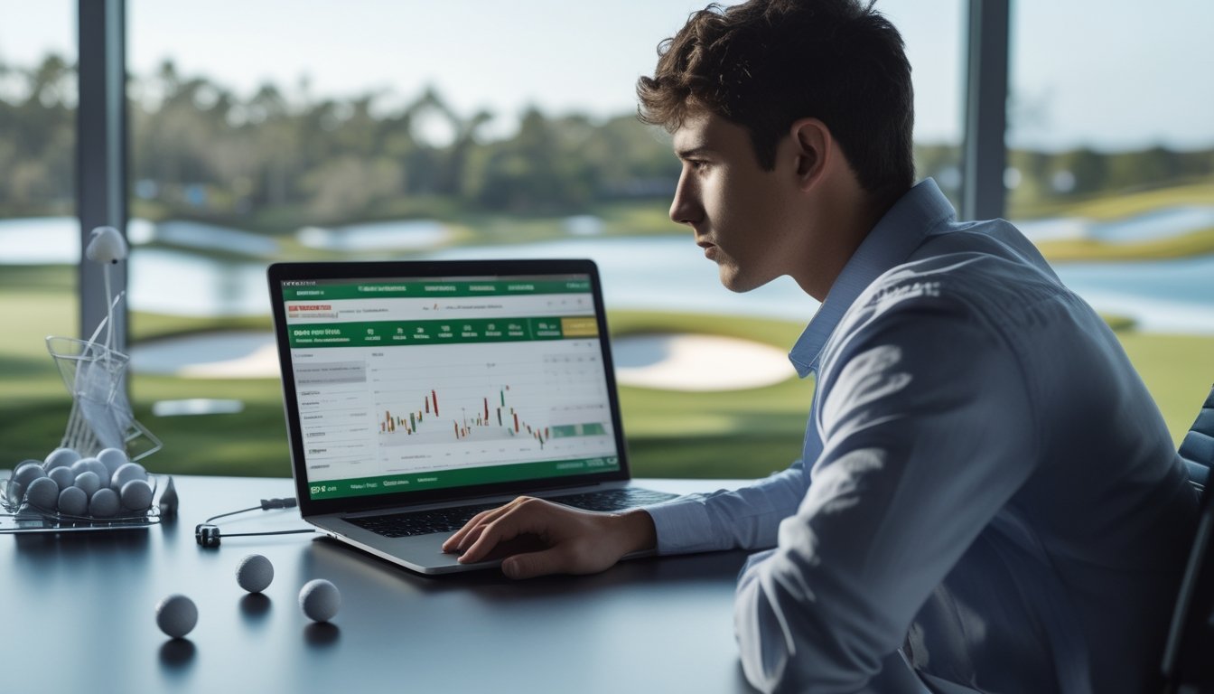 Seorang pria muda duduk di meja dengan laptop, menganalisis data taruhan golf online dengan latar belakang lapangan golf melalui jendela besar.