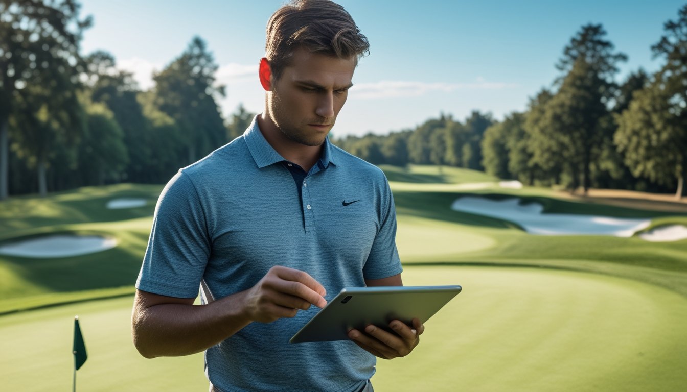 Seorang pegolf sedang melihat tablet digital di lapangan golf hijau yang rapi dengan langit biru cerah.