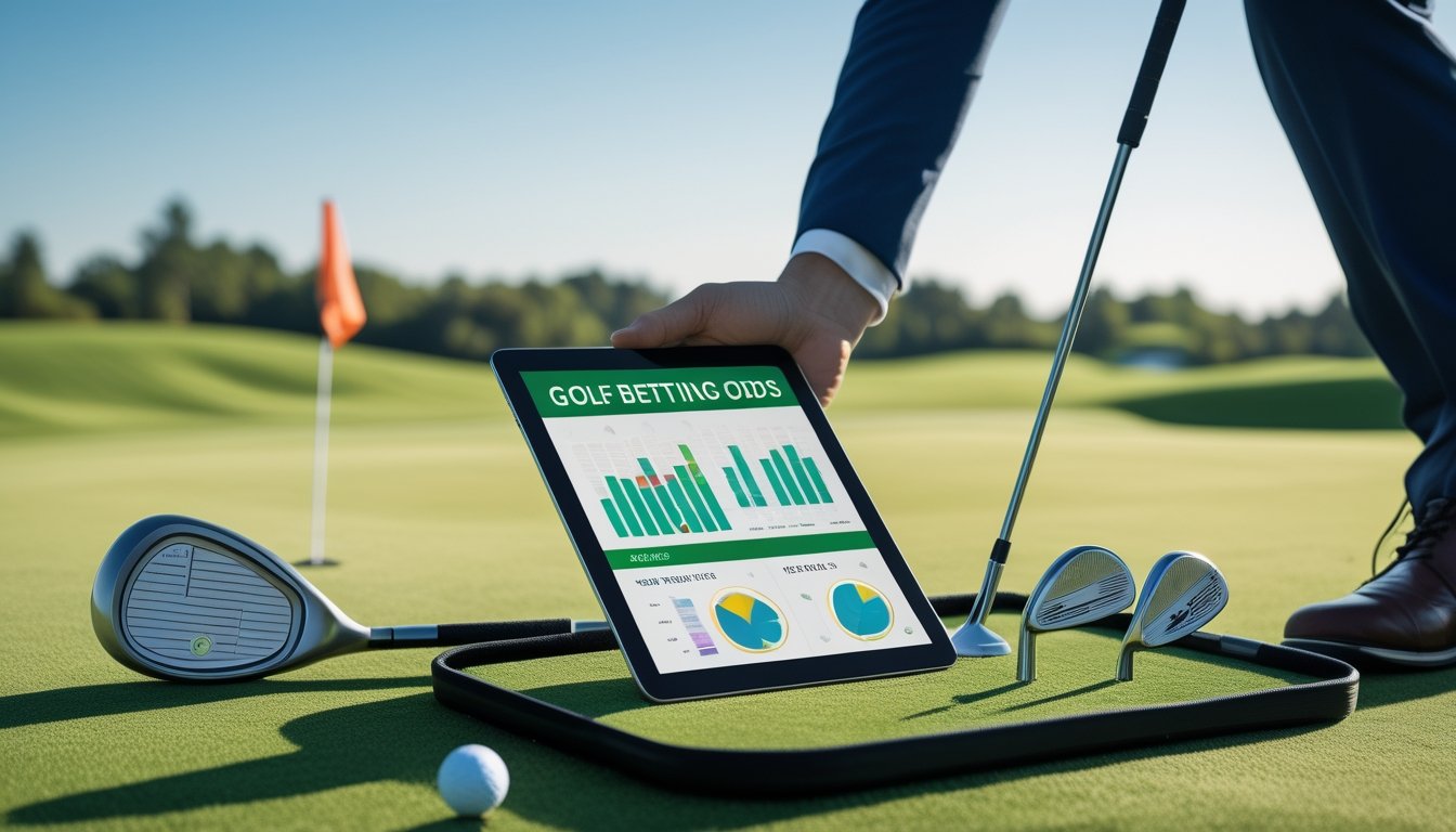 Seorang pria dengan tablet sedang berdiri di lapangan golf yang hijau dengan klub golf dan bola golf di dekatnya.
