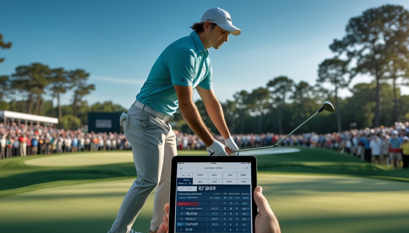 Seorang pegolf pria sedang menangkap tongkat golf di lapangan hijau dengan penonton di latar belakang dan sebuah tablet yang menampilkan statistik taruhan.