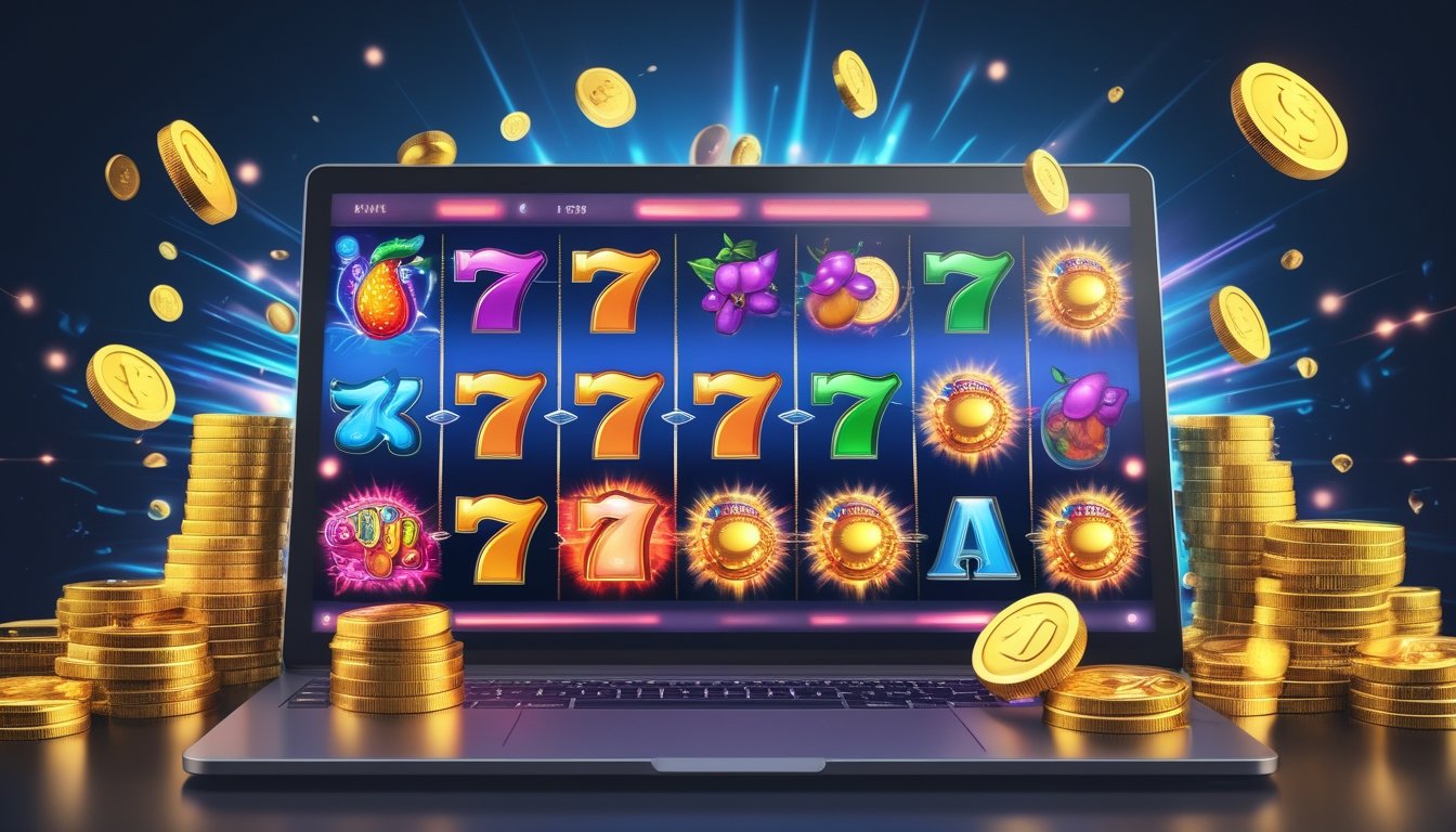 Layar komputer menampilkan mesin slot online dengan simbol warna-warni dan koin emas di sekitarnya yang menunjukkan kemenangan besar.
