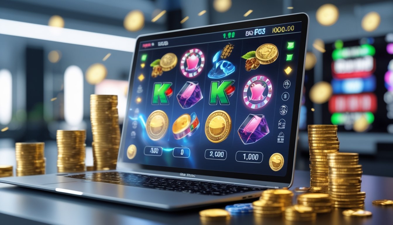 Seorang pemain menggunakan komputer dengan tampilan permainan slot online penuh warna dan tumpukan koin emas di sekitarnya.