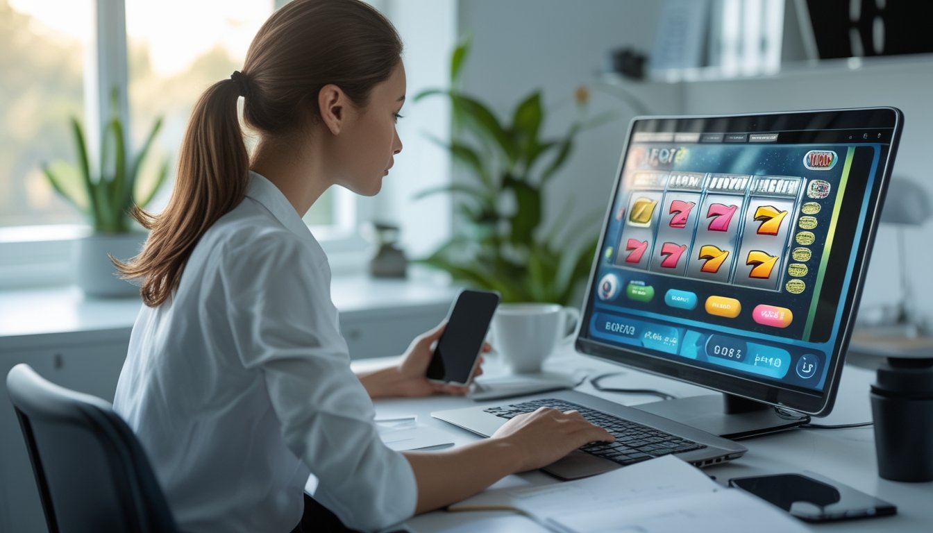 Seorang dewasa muda duduk di meja kerja dengan laptop yang menampilkan permainan slot online, ditemani oleh catatan dan kopi di ruangan terang dengan tanaman hijau.