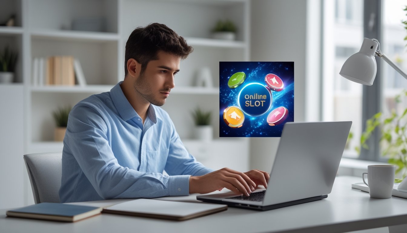 Seorang pria muda duduk di meja kerja menggunakan laptop dengan ekspresi fokus, di ruang kerja rumah yang terang dan rapi.