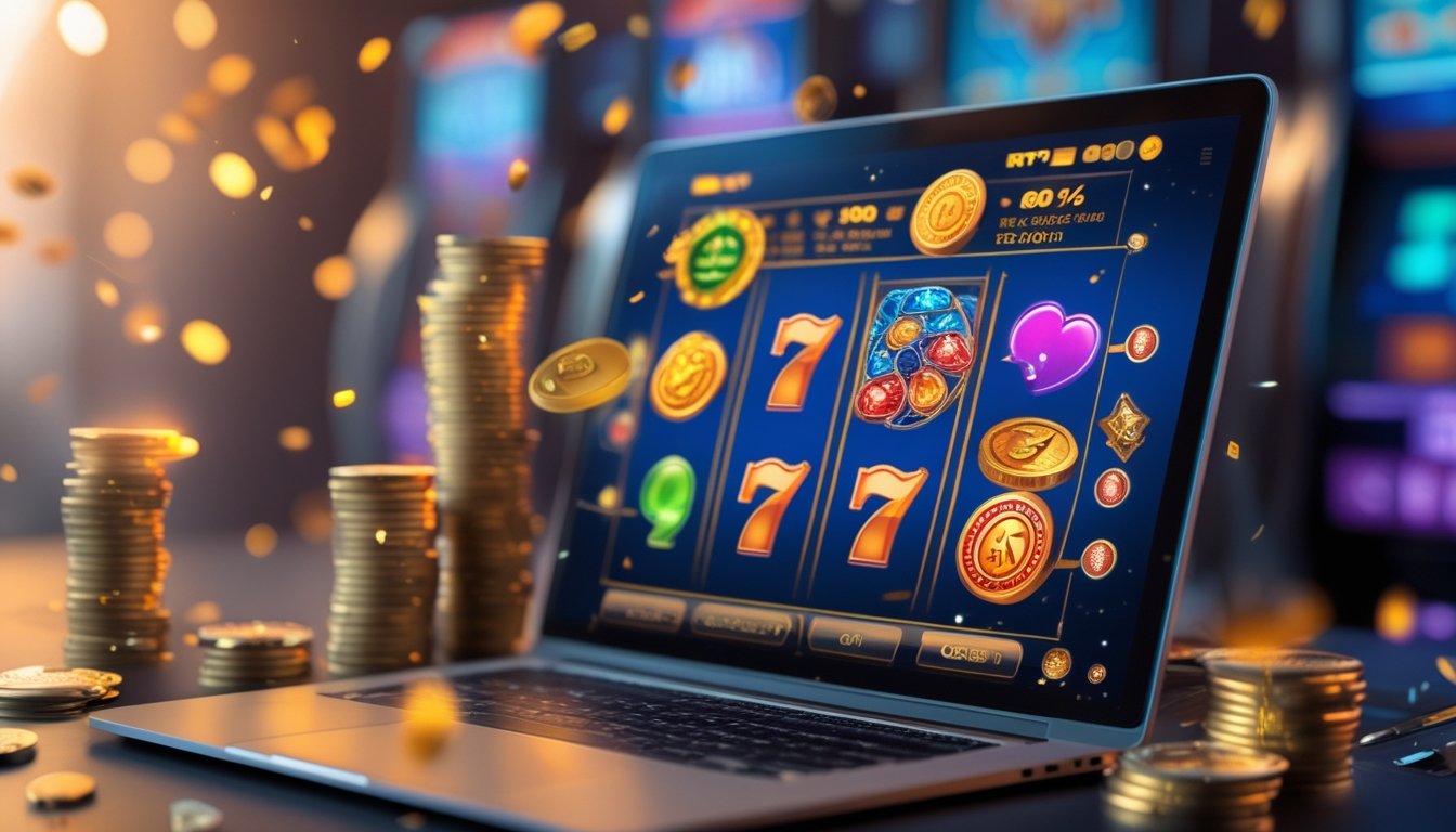Seorang pemain menggunakan laptop dengan tampilan permainan slot online yang penuh warna dan simbol keberuntungan, dikelilingi oleh tumpukan chip poker dan koin emas.