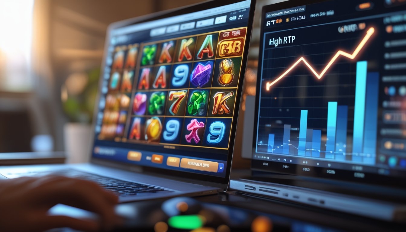 Seorang pemain menggunakan laptop yang menampilkan permainan slot online dengan grafik RTP tinggi dan diagram persentase kemenangan di sampingnya.
