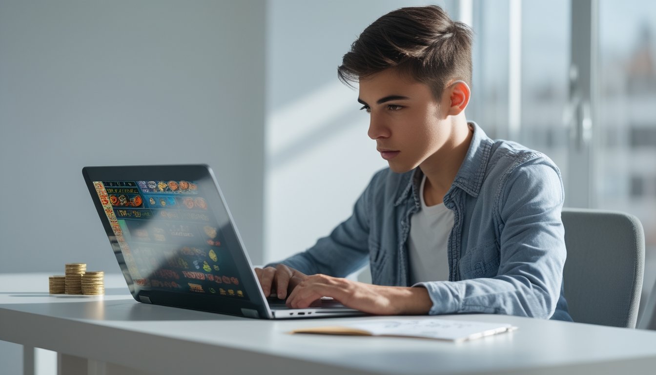 Seorang dewasa muda duduk di meja dengan laptop, fokus bermain slot online dengan beberapa koin dan catatan di dekatnya.
