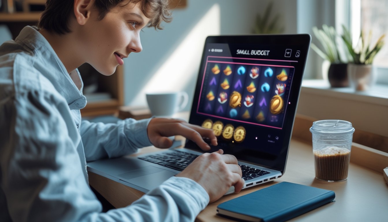 Seorang dewasa muda sedang fokus bermain permainan slot online di laptop di ruang kerja yang nyaman dan rapi.