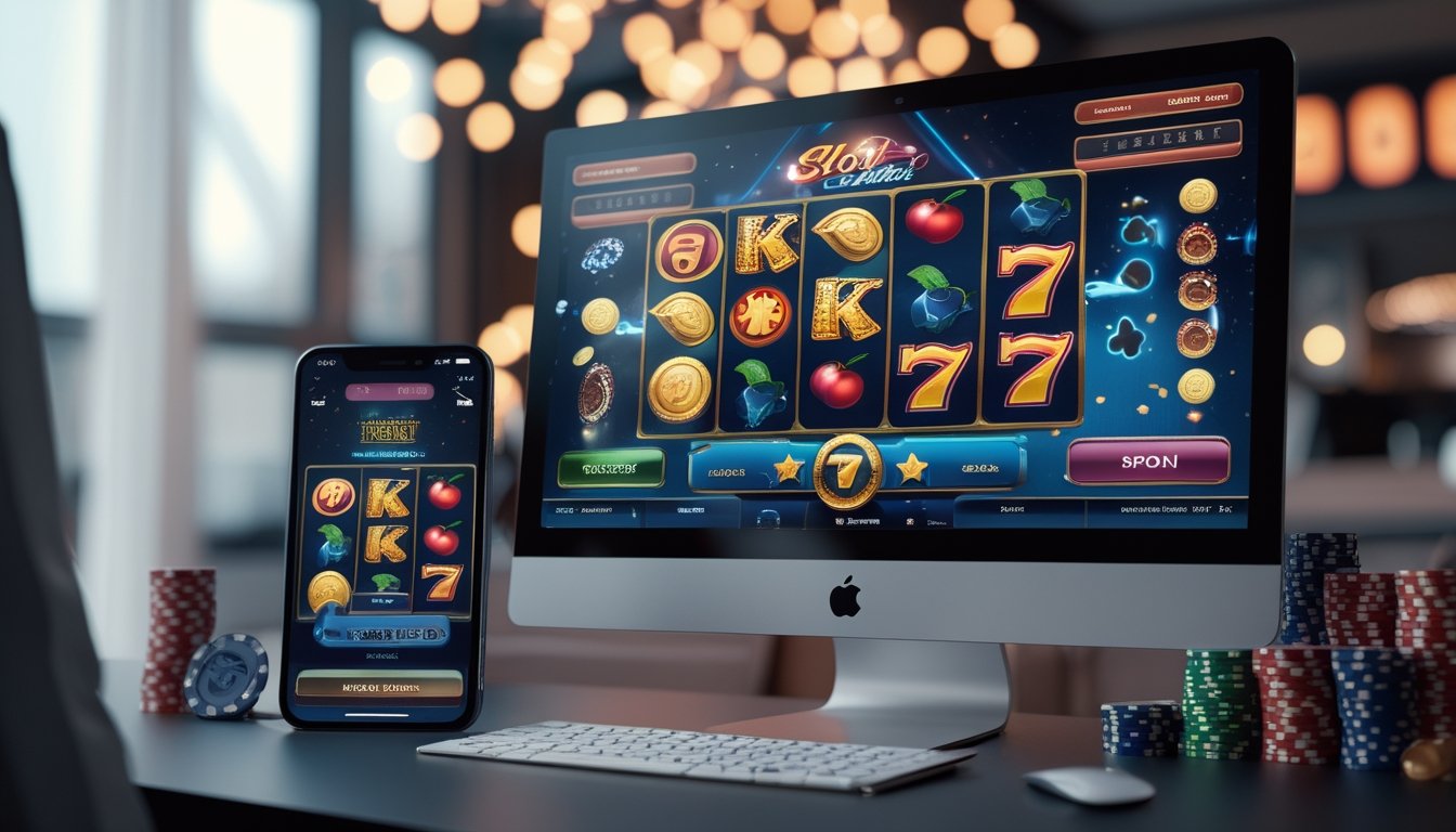 Sebuah meja dengan komputer dan ponsel yang menampilkan permainan slot online dengan simbol warna-warni, dikelilingi oleh chip poker dan kartu remi.