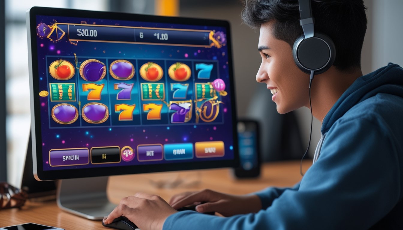 Seorang pemain muda fokus bermain game slot online di depan layar komputer dengan latar ruangan modern.
