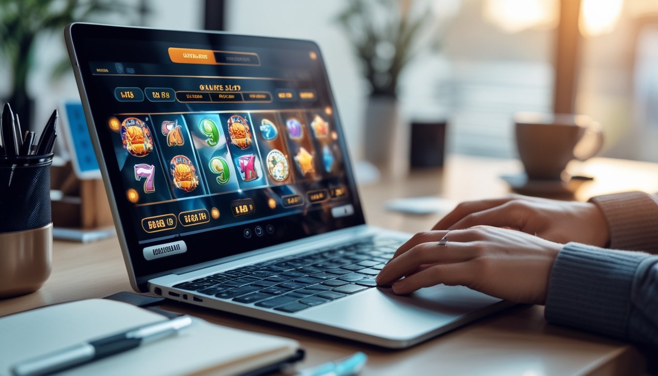 Seseorang sedang bermain permainan slot online di laptop dengan meja kerja yang rapi dan alat tulis di sekitarnya.