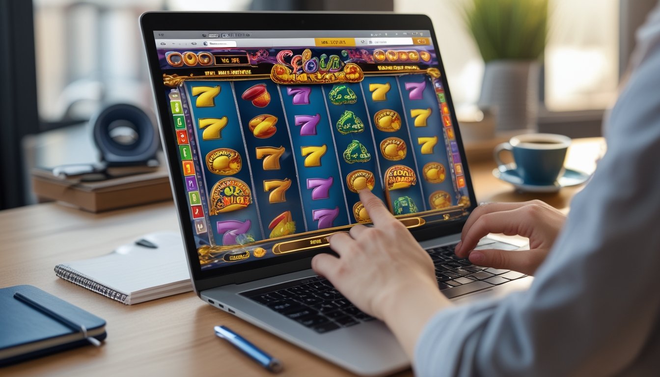 Seseorang menggunakan laptop dengan permainan slot online berwarna-warni di layar dalam suasana kerja yang rapi dan terang.