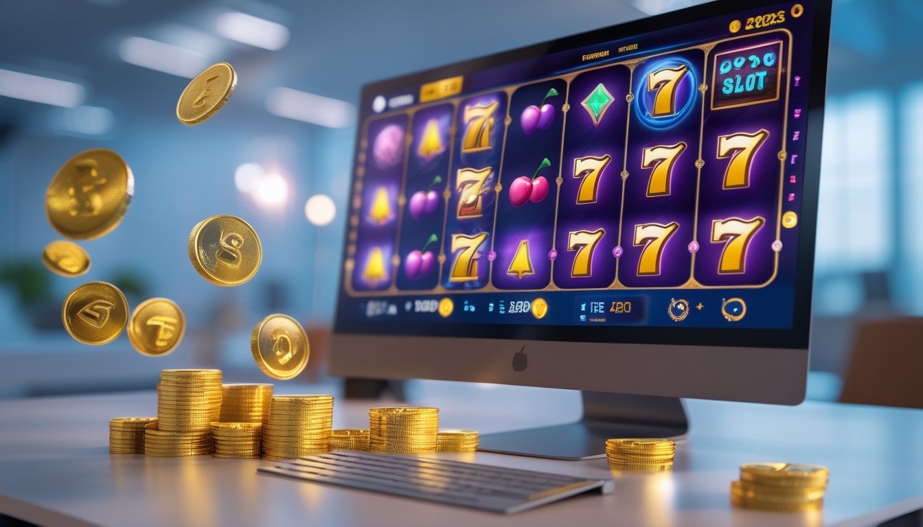 Layar komputer menampilkan permainan slot online dengan gulungan berwarna-warni dan simbol bonus, di dalam ruangan kantor modern.