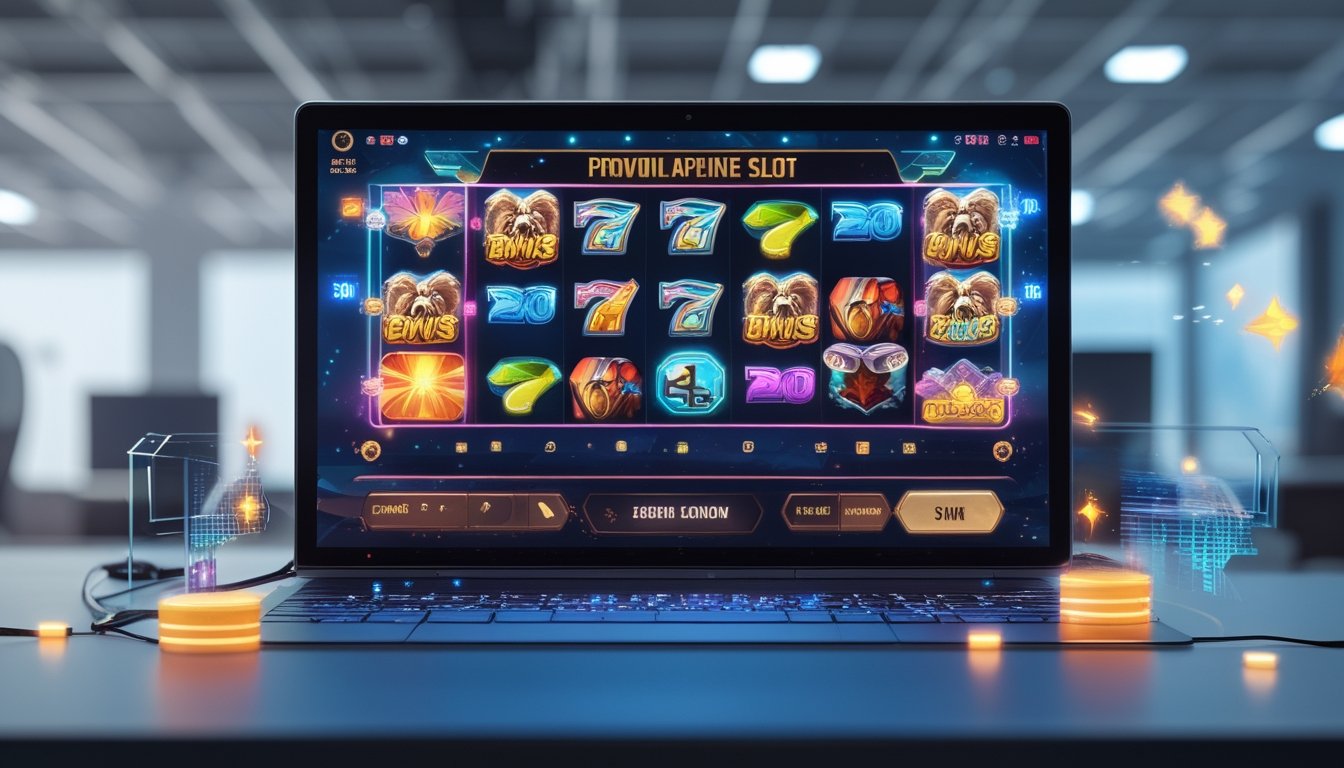 Sebuah komputer modern menampilkan permainan slot online berwarna-warni dengan efek bonus di lingkungan kantor yang bersih dan terang.
