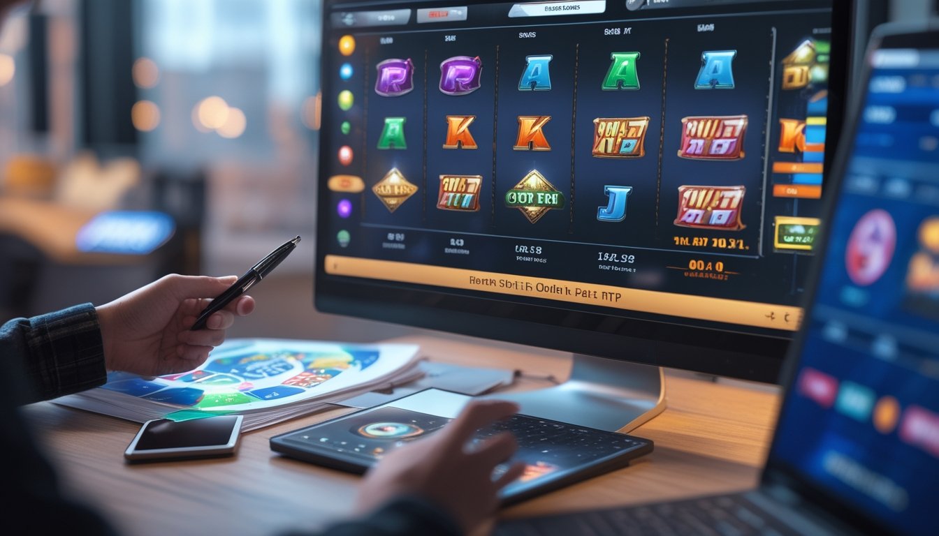 Seorang pria sedang menganalisis data RTP di depan komputer dan ponsel yang menampilkan permainan slot online.