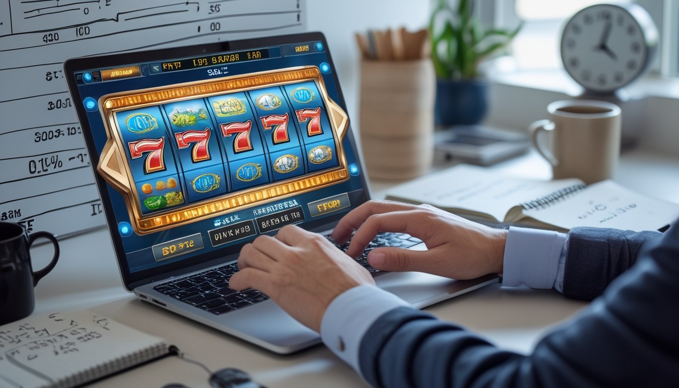 Orang sedang menggunakan laptop dengan grafik mesin slot dan diagram RTP, di meja kerja dengan cangkir kopi dan catatan strategi bermain slot online.