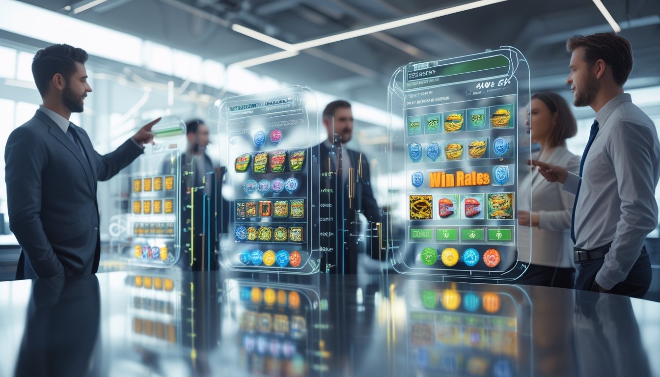 Beberapa orang profesional sedang menganalisis data permainan slot online dengan layar digital yang menampilkan ikon slot dan grafik perbandingan kemenangan.