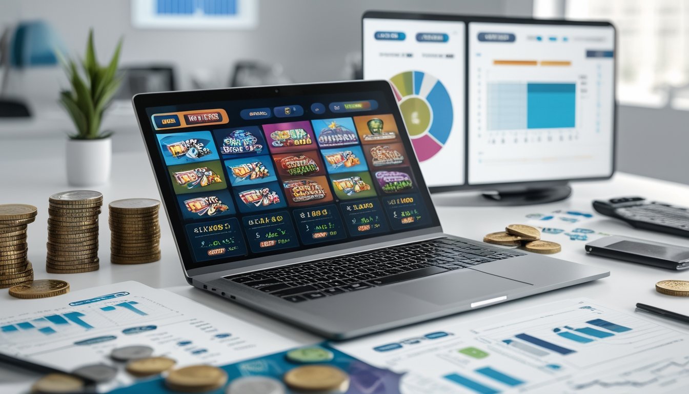 Sebuah ruang kerja modern dengan laptop yang menampilkan permainan slot online dan grafik perbandingan tingkat kemenangan, dikelilingi dokumen analisis dan ponsel dengan aplikasi permainan slot.