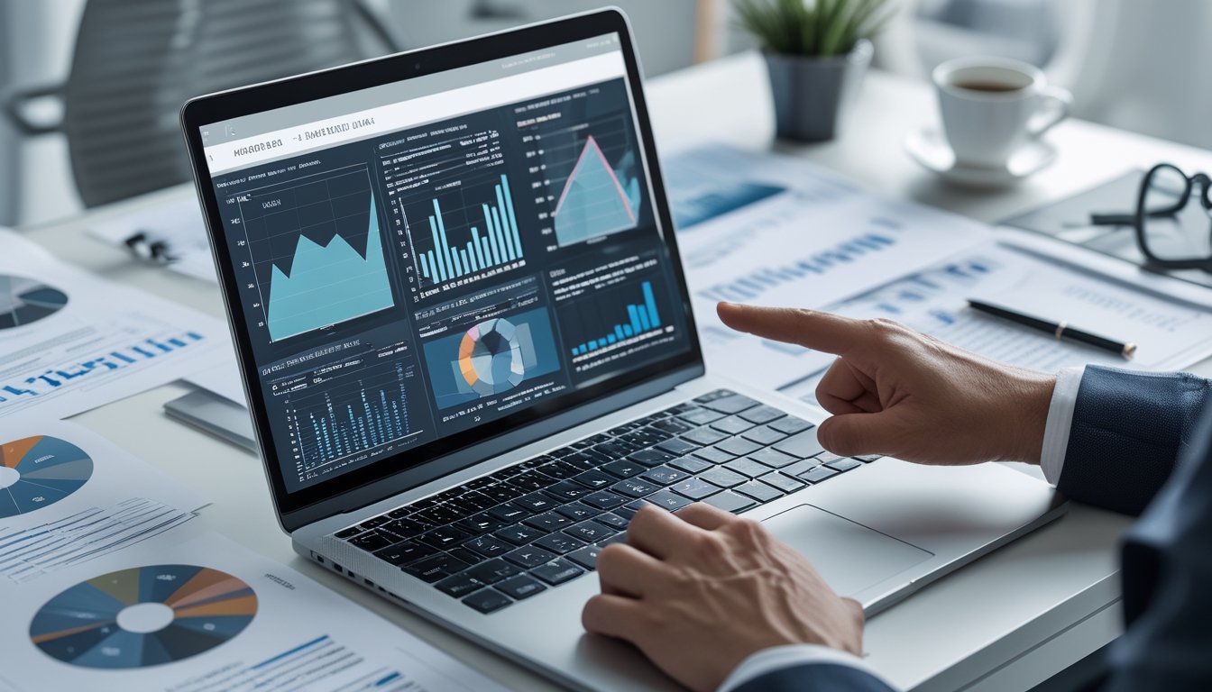 Seseorang sedang menganalisis data dan grafik di laptop dan tablet di meja kerja yang rapi.