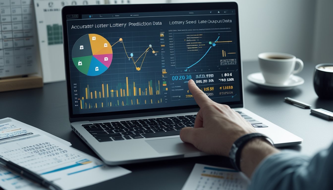 Sebuah meja kerja modern dengan laptop yang menampilkan grafik dan data angka, tangan seseorang menunjuk layar, serta kertas berisi data di sekitarnya.