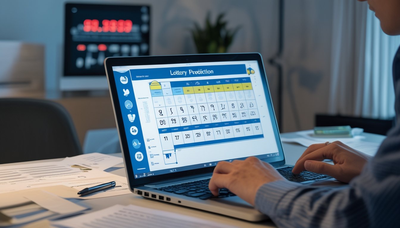 Meja kerja dengan laptop menampilkan grafik dan angka, kertas dengan data angka, dan tangan seseorang sedang mengetik di keyboard.