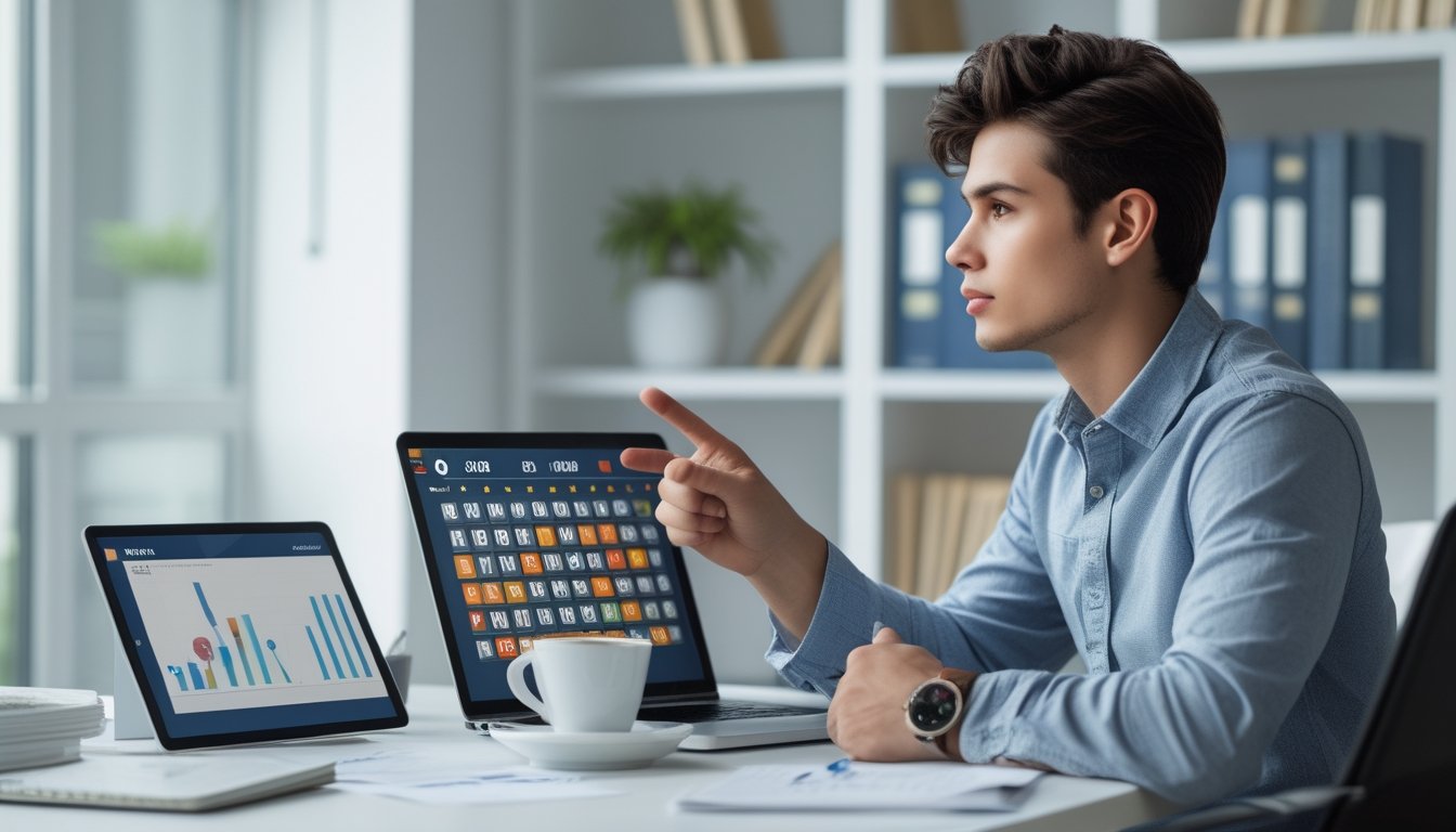 Seseorang muda yang fokus duduk di meja kerja modern sambil menganalisis pola angka togel di layar laptop.