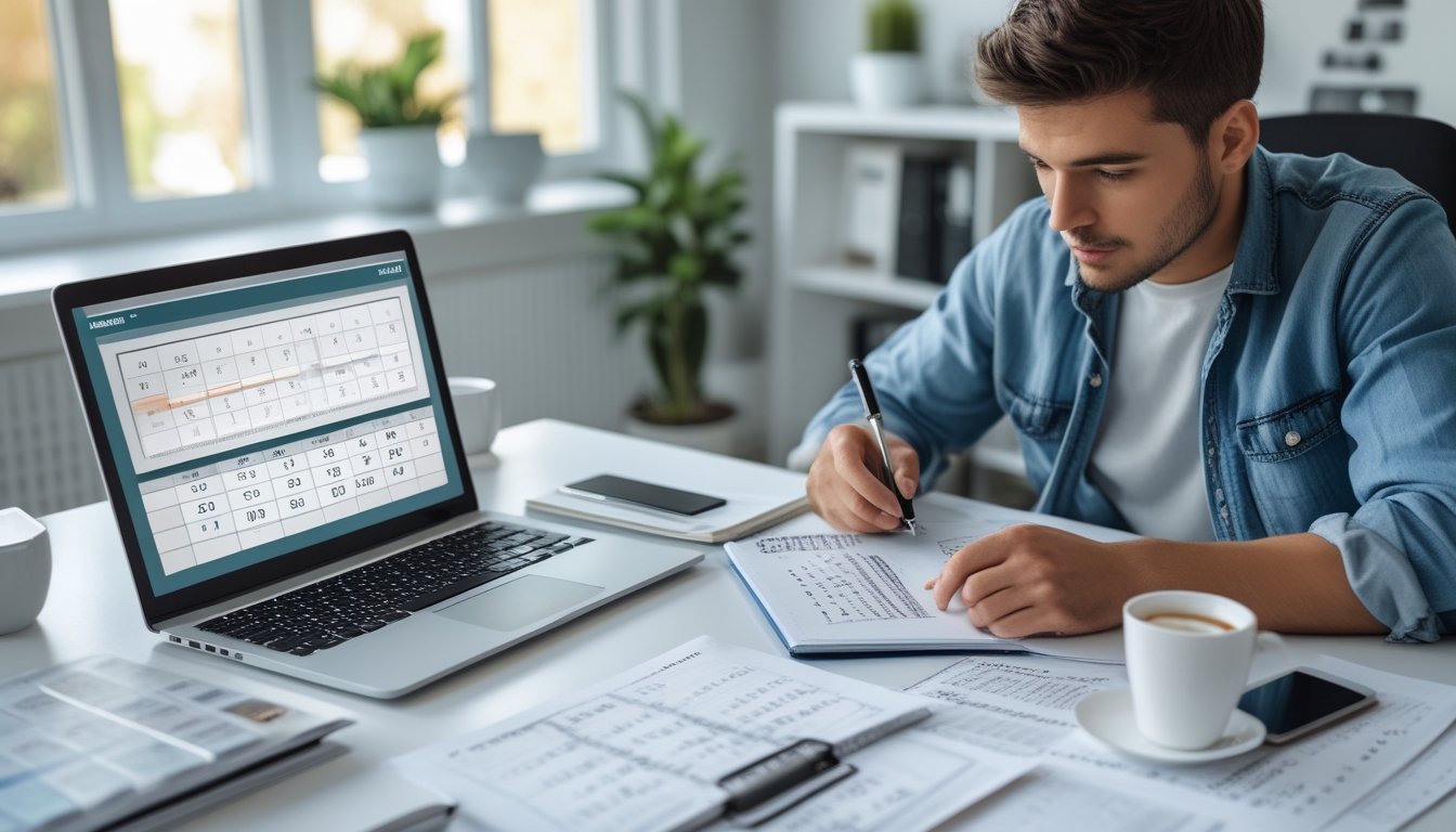Seorang dewasa muda sedang fokus mempelajari pola angka togel di meja kerja dengan laptop, catatan, dan secangkir kopi di ruang kerja yang terang.