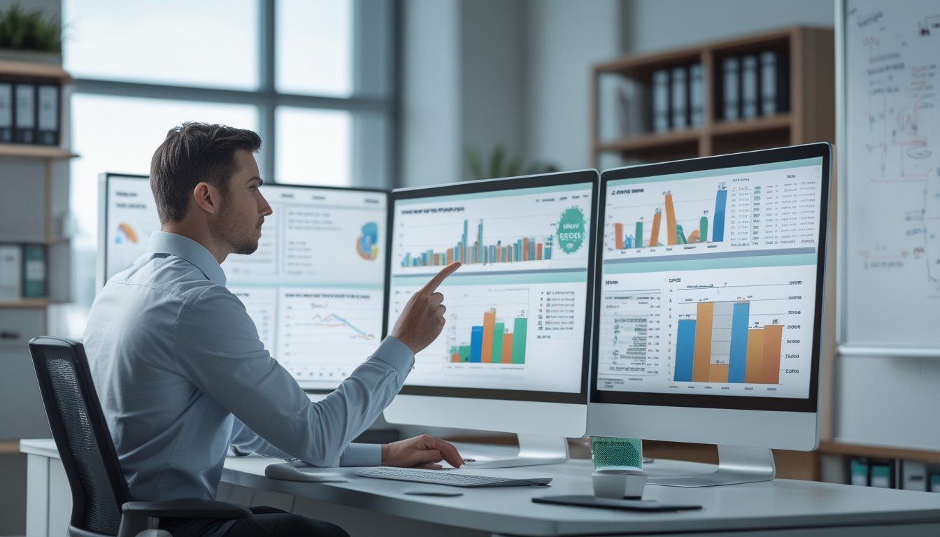 Seorang analis bisnis sedang duduk di depan beberapa monitor komputer yang menampilkan grafik statistik dan data hasil togel sebelumnya di sebuah kantor modern.