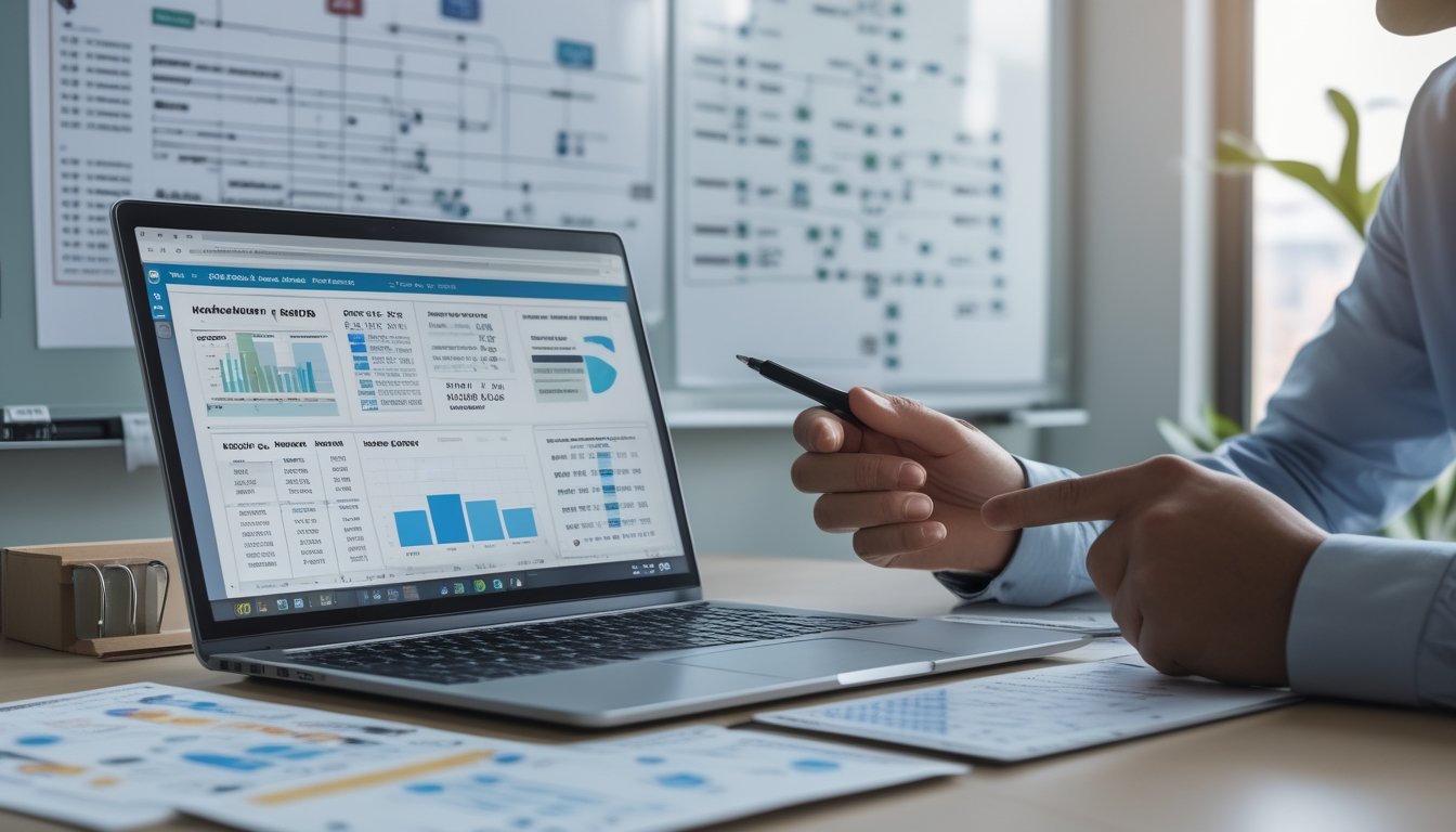Seorang profesional sedang menganalisis data statistik dan hasil togel sebelumnya di depan laptop dengan grafik dan angka di meja kerja.