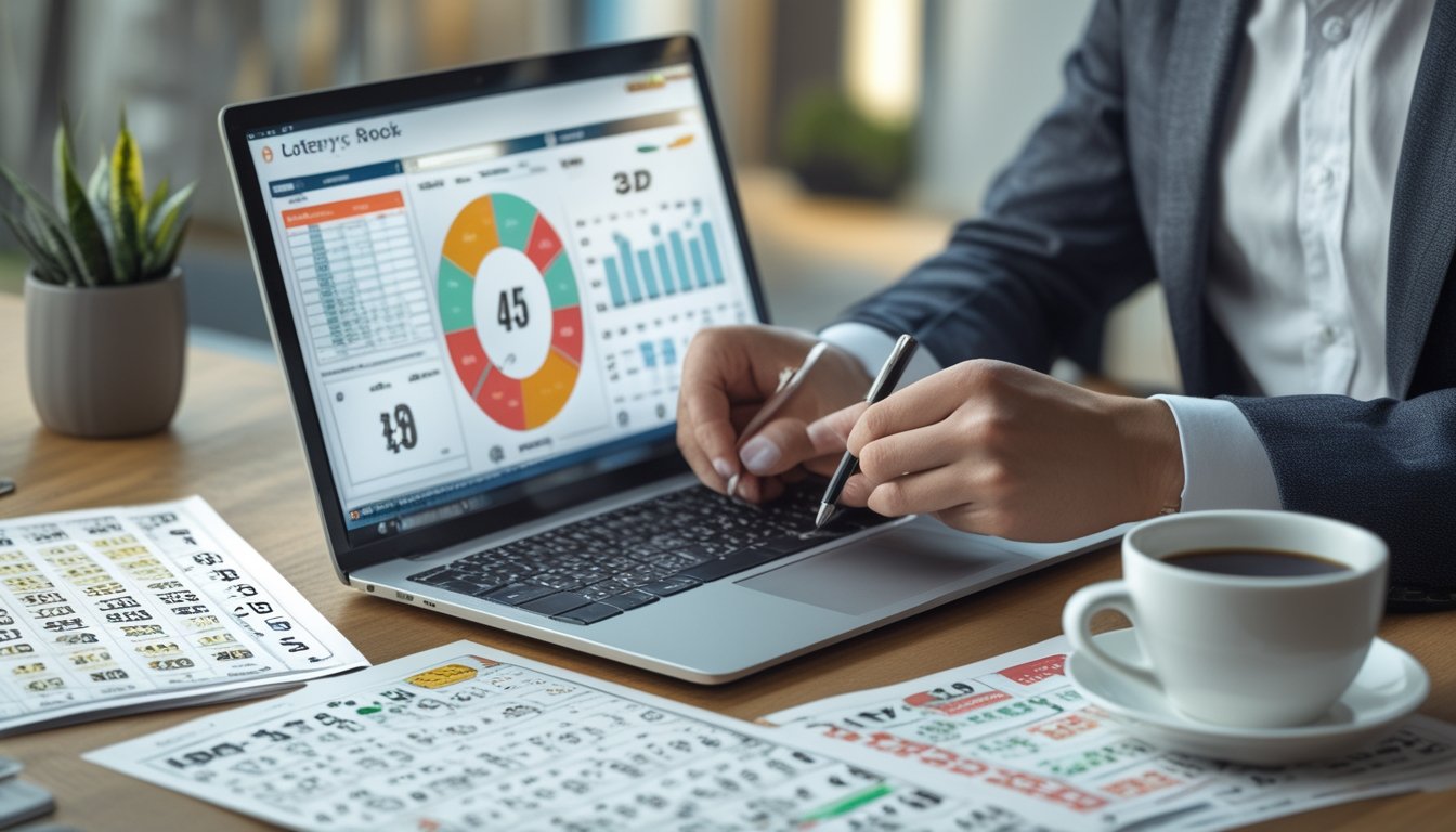 Seorang profesional sedang menganalisis data angka togel di meja kerja dengan laptop, kertas angka, dan alat tulis.