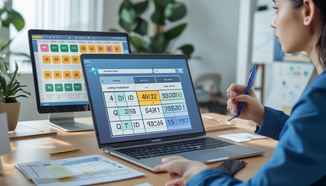Seorang pria bekerja di meja dengan laptop dan tablet menampilkan grafik dan angka untuk analisis prediksi togel.