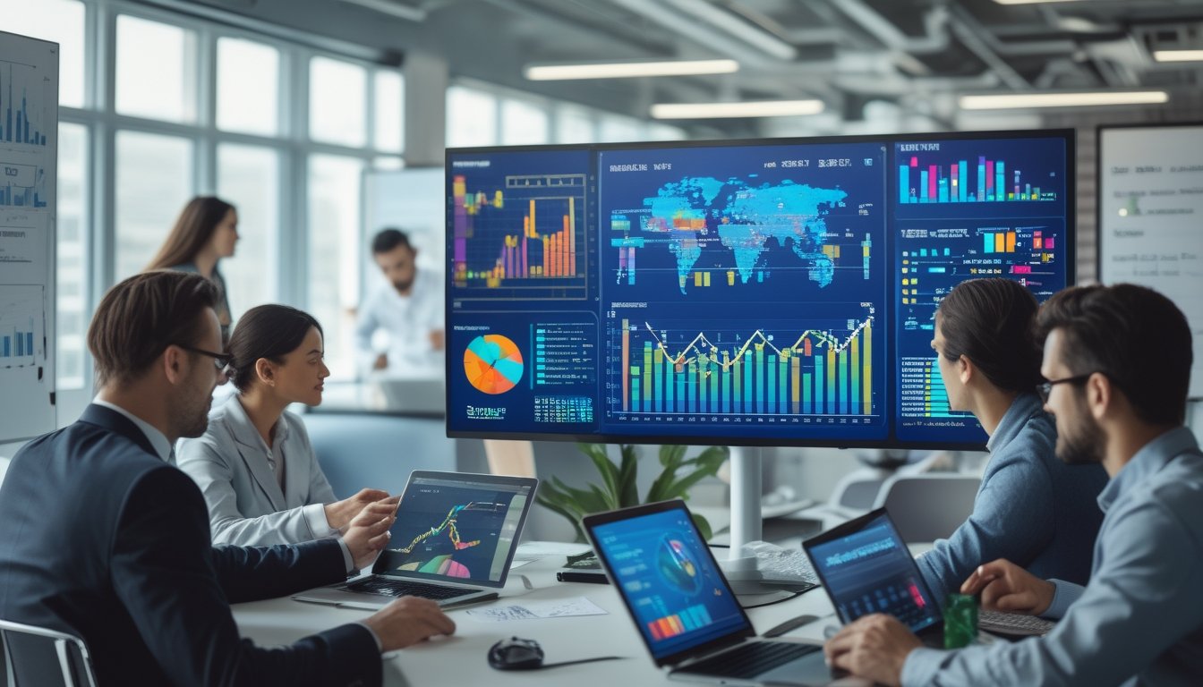Sekelompok profesional bekerja bersama di kantor modern dengan layar digital menampilkan grafik dan data.