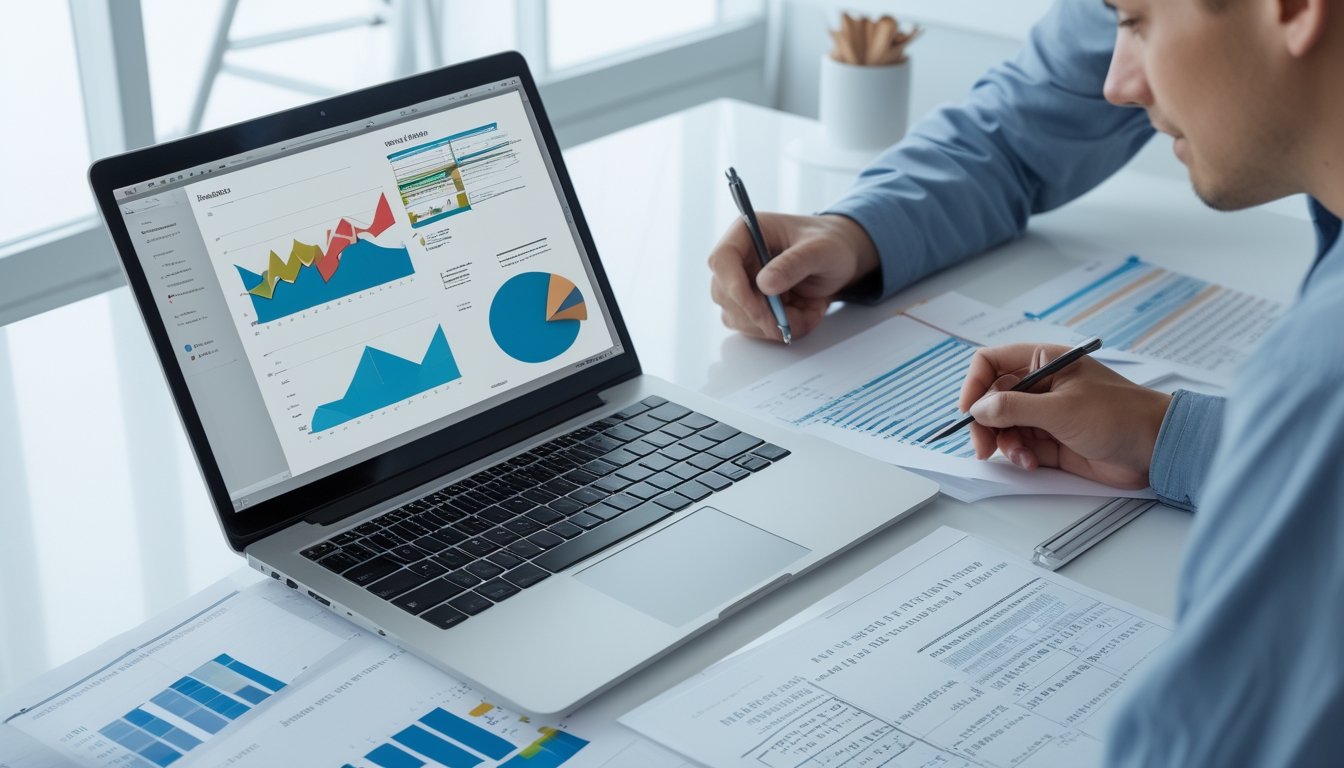 Seseorang sedang menganalisis data dan grafik di meja kerja dengan laptop dan catatan di kantor yang terang.