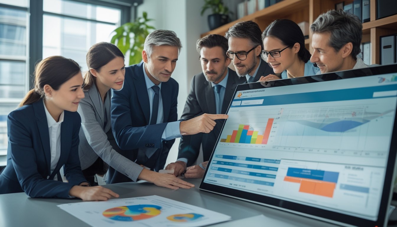 Sekelompok profesional sedang menganalisis data angka pada layar digital di ruang kantor modern.