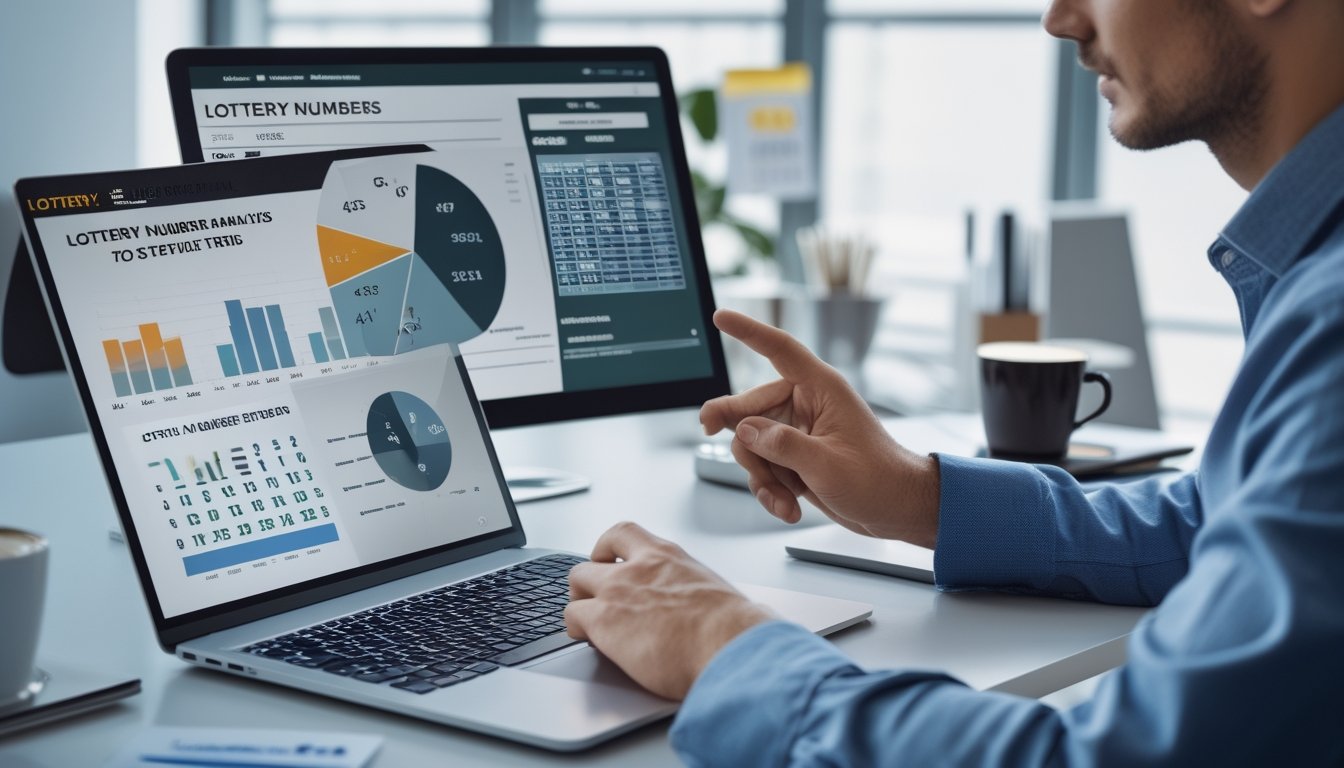 Seorang profesional sedang menganalisis data angka togel di meja kerja dengan laptop dan tablet dalam ruangan kantor yang terang dan rapi.