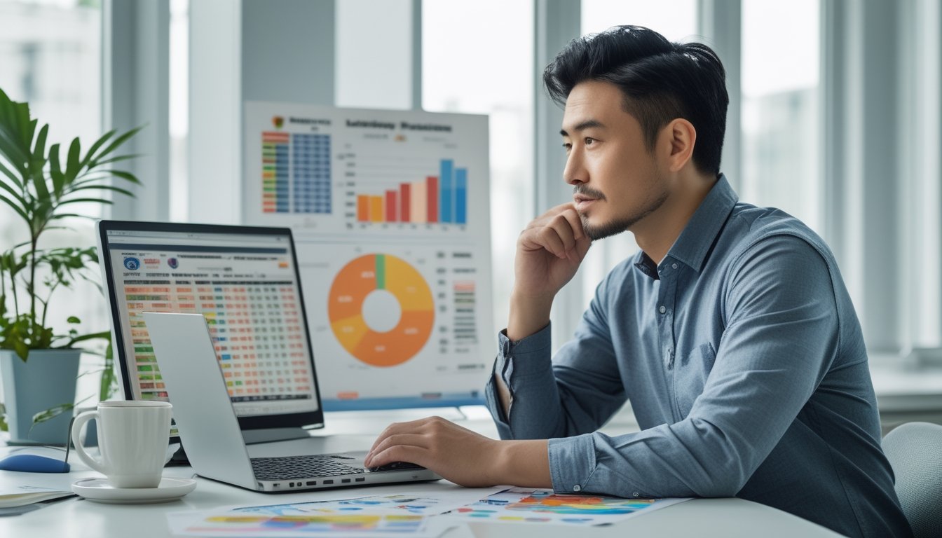 Seorang pria Asia dewasa duduk di meja kantor modern sambil menganalisis data dan grafik prediksi togel dengan ekspresi fokus.