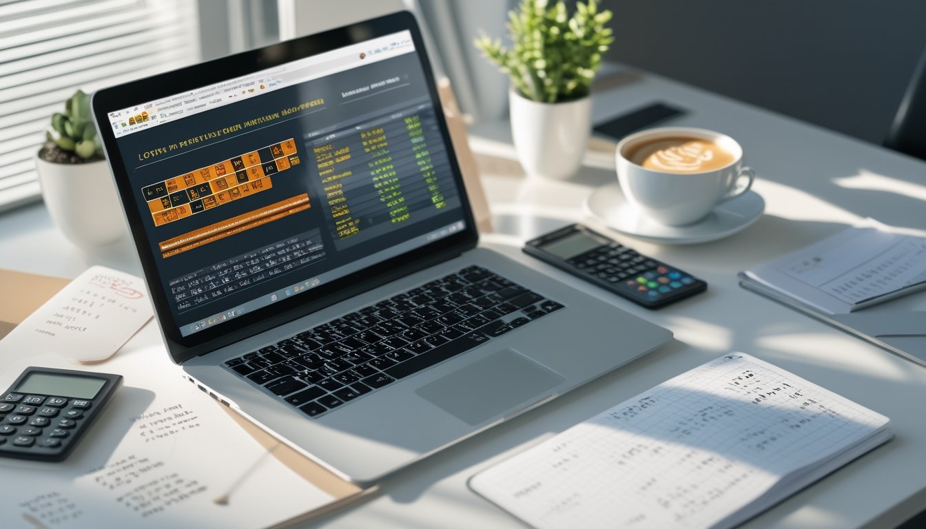 Meja kerja modern dengan laptop yang menampilkan grafik dan angka, buku catatan dengan tulisan tangan, kalkulator, dan secangkir kopi.