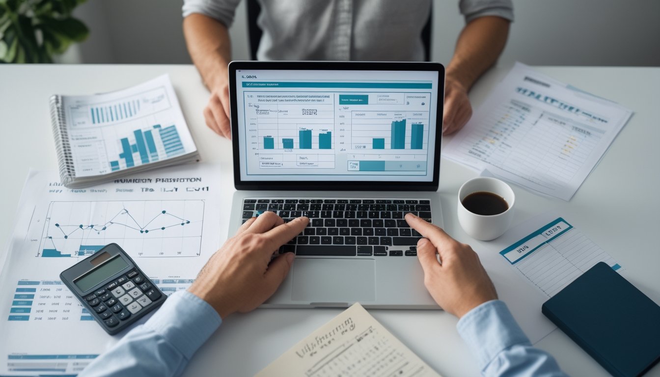 Seseorang sedang menganalisis angka dan grafik di meja kerja dengan laptop dan kertas di sekitarnya.