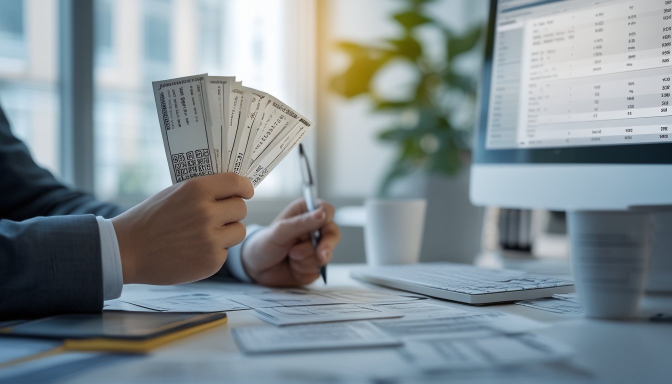 Tangan seseorang memegang tiket togel dan pena di meja kerja dengan layar komputer menampilkan angka dan grafik di latar belakang.