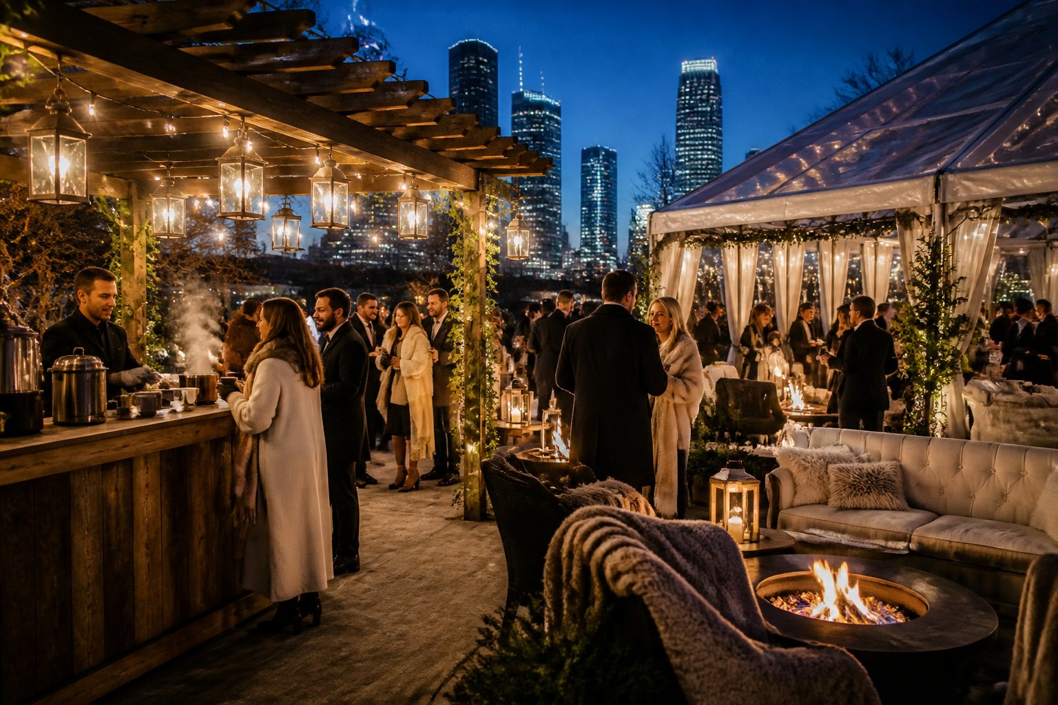 Guests dressed in winter clothes gather around fire pits and a decorated tent at an outdoor wedding reception in the evening.