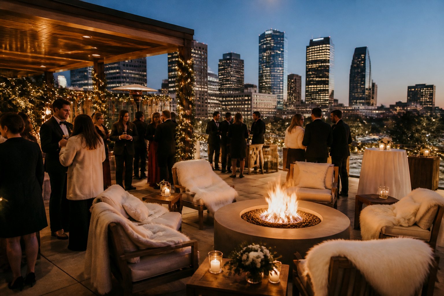 An outdoor winter wedding venue with guests sitting around fire pits and cozy seating, enjoying a warm and inviting atmosphere.