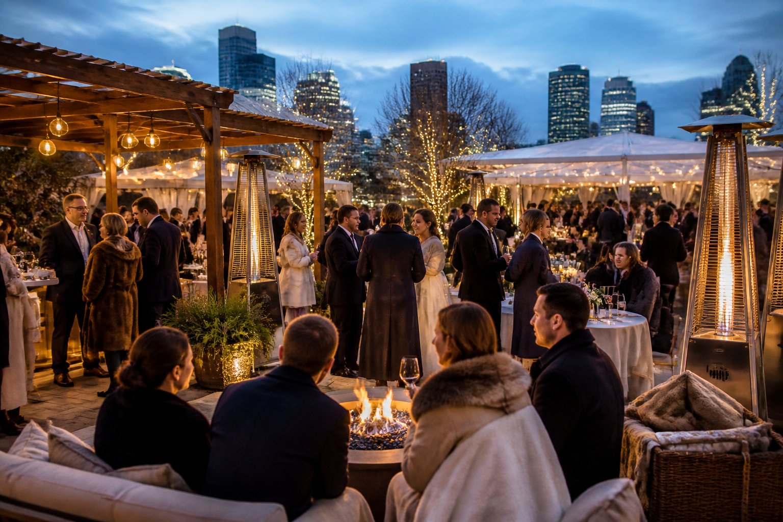Guests at an outdoor winter wedding in Houston gathered under heated structures with blankets and fire pits to stay warm.