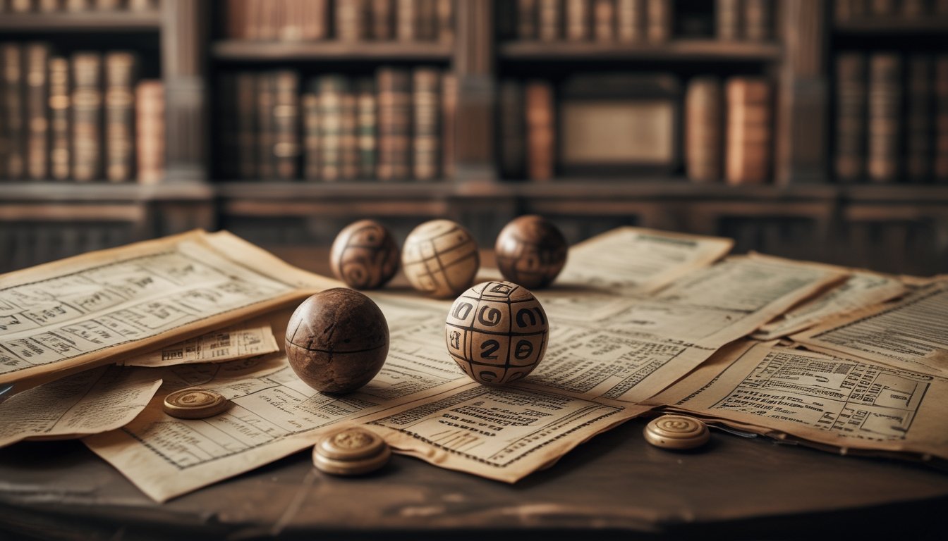 Meja kayu dengan tiket togel kuno, dokumen bersejarah, dan bola togel antik dengan rak buku berisi buku tua di latar belakang.