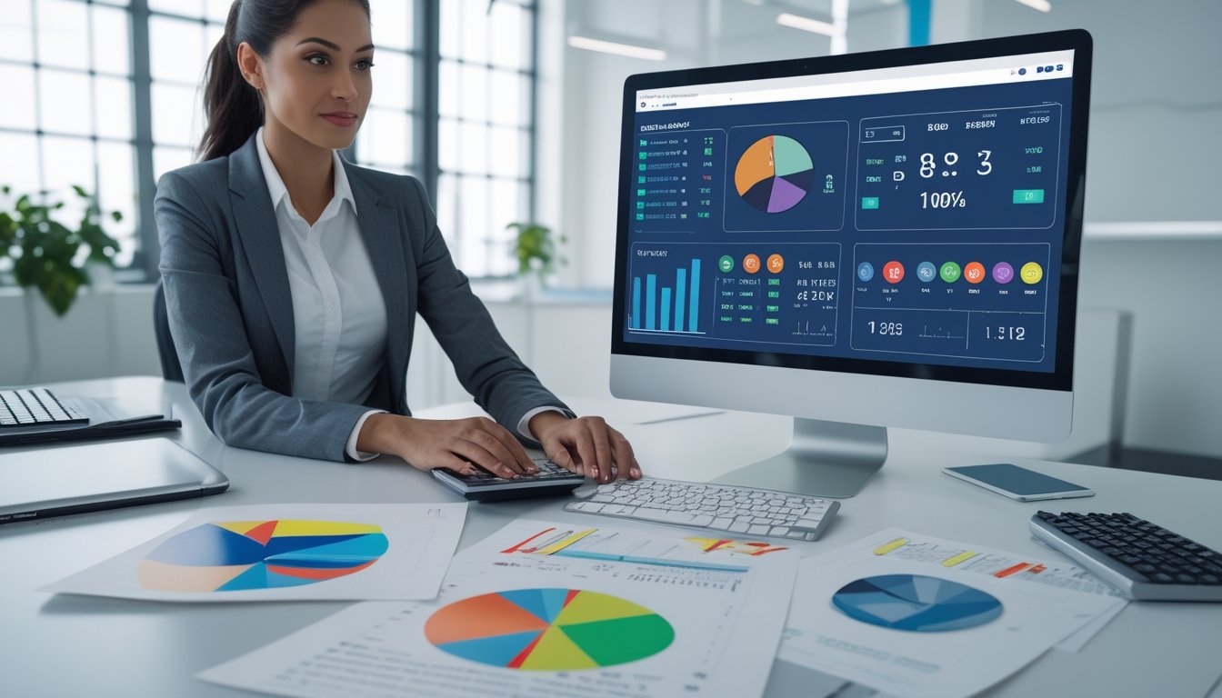 Seorang wanita profesional sedang menganalisis grafik dan data statistik di sebuah kantor modern.