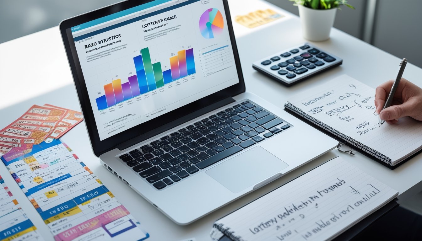 Meja kerja dengan laptop yang menampilkan grafik statistik, tiket togel, kalkulator, dan buku catatan dengan rumus peluang.