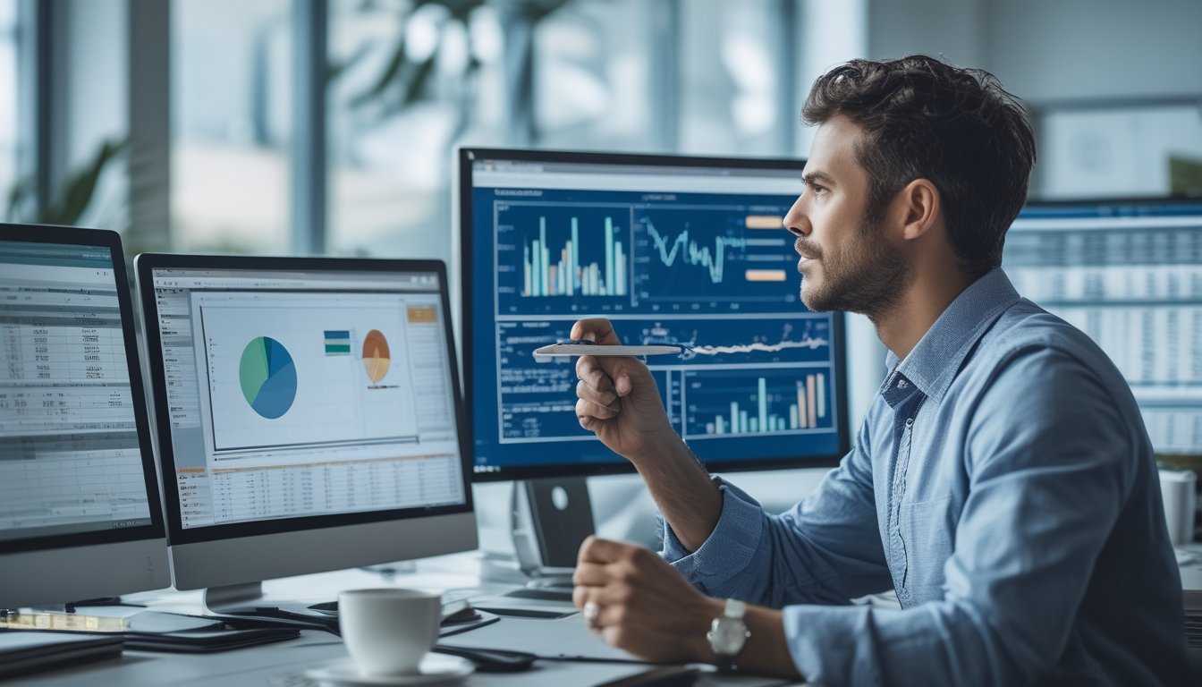 Seorang analis data sedang memeriksa grafik dan angka di layar komputer di ruang kantor modern.