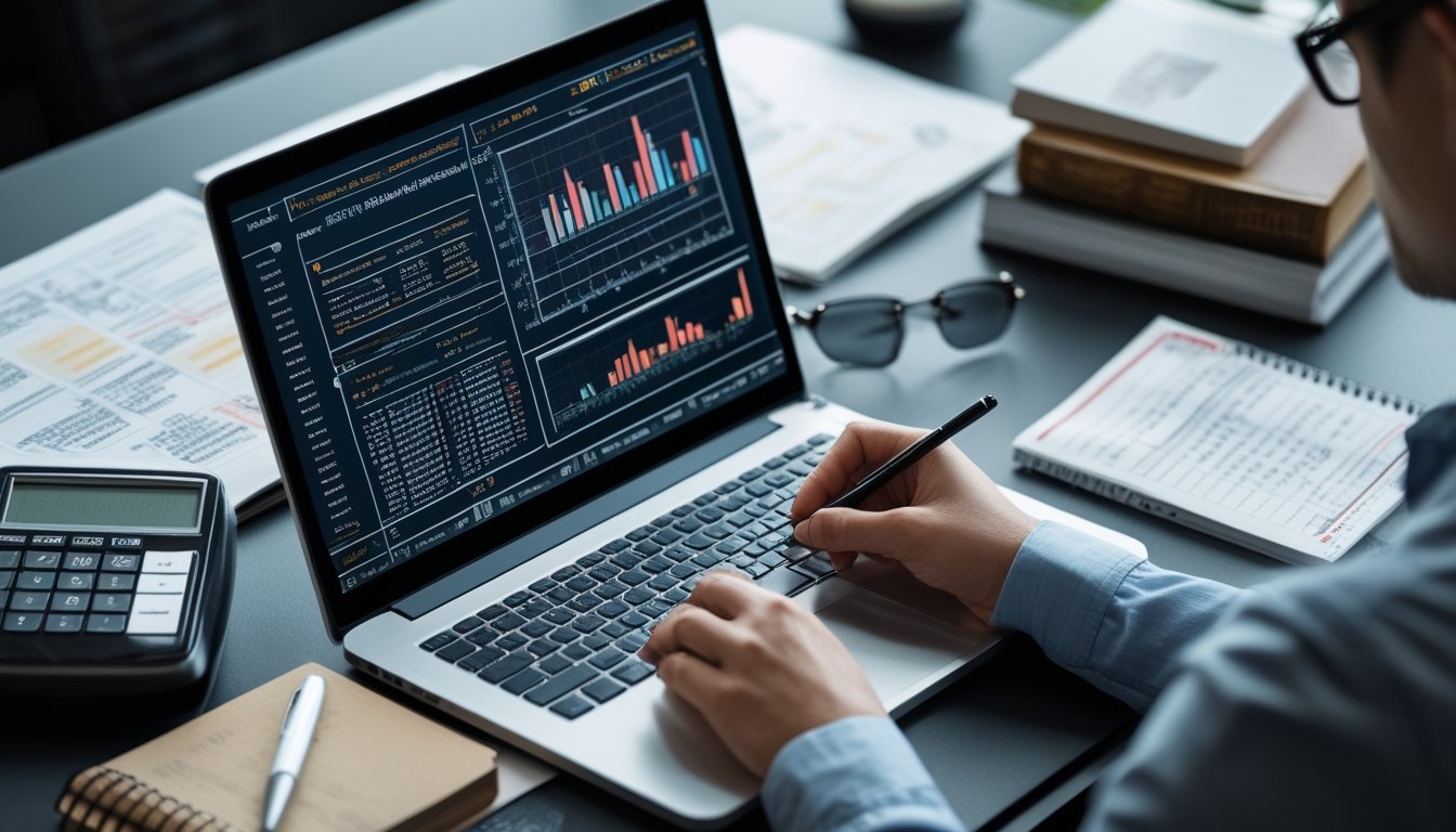 Meja kerja dengan komputer yang menampilkan grafik dan data statistik, tangan seseorang sedang menganalisis data dengan buku dan kalkulator di sekitar.