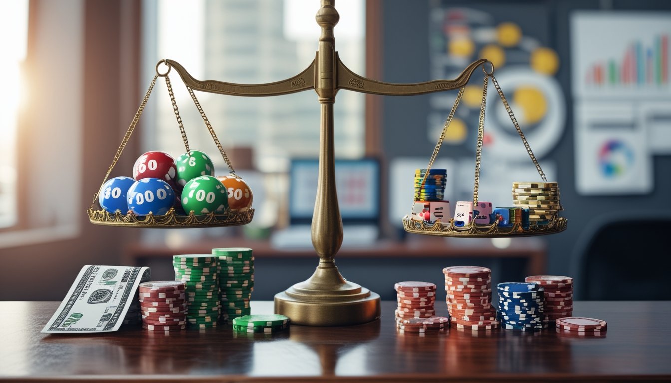 Timbangan dengan tiket togel dan bola bernomor di satu sisi, dan chip poker, kartu remi, serta dadu di sisi lain, di atas meja kayu dengan latar belakang kantor dan dokumen keuangan.